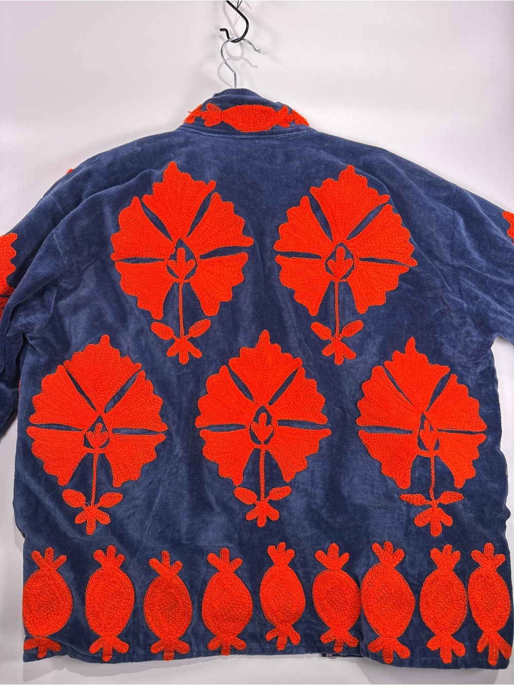 Vintage Velvet Floral Appliqué Jacket Blue Orange Striped Lined Fits Size M L - Picture 8 of 10